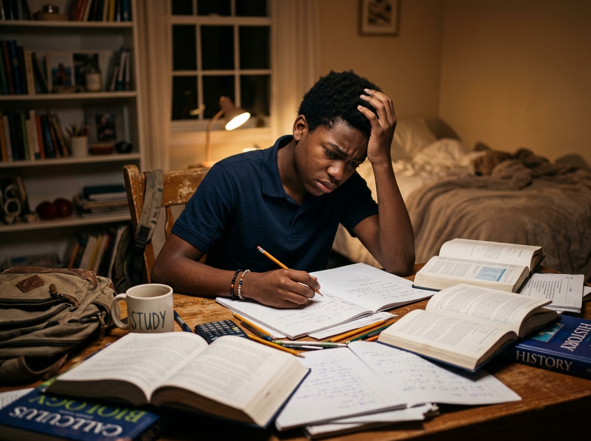 Élève stressé devant ses livres