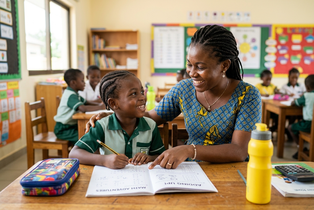 Professeur accompagnant un enfant africain dans ses devoirs